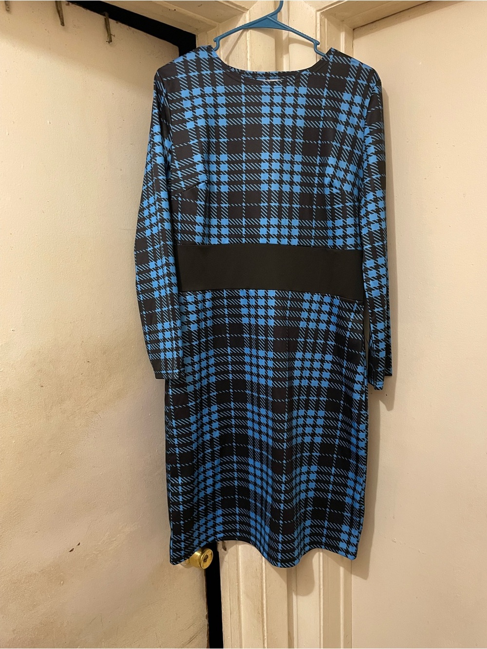 Women’s 2XL Blue Black Plaid Sheath Dress Long Sleeve Knee Length